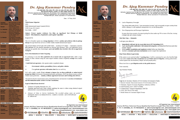 Advocate Dr Pandey opposes over 40 percent fee hike for aap based taxi pick up charges at Delhi Airport<br/>Plans to  pull DIAL in  Delhi High Court, if charges are not rolled back